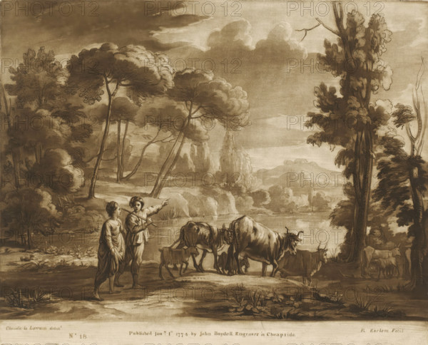 Landscape with lake and two shepherds with cattle, Liber Veritatis. Or a Collection of Two Hundred Prints, after the original designs of Claude le Lorrain, Prints after drawings by Claude Lorrain, print, Series number, 18, 200, printmaker: Richard Earlom, after drawing by Claude Lorrain, publisher: John Boydell, London, 1774-01-01, paper, mezzotint, etching, mezzotint and etching, printed in brown, height 208 mm x width 259 mm, From 1774 John Boydell published two hundred prints based on the drawing book Liber Veritatis by Claude Lorrain, in the possession of the Dukes of Cavendish. These prints were published in two volumes from 1777 onwards., pastorals, Arcadian scenes, lake, cattle, cattle driving, cattle driver, A sepia-toned pastoral scene showing a watery foreground with grazing cattle and two standing human figures near the water's edge, one pointing while holding a staff and the other standing beside them, surrounded by trees of varying heights and dense rounded foliage, with d...