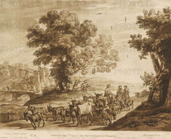 Coastal landscape with shepherds and cattle, Prints after drawings by Claude Lorrain, Liber Veritatis. Or a Collection of Two Hundred Prints, after the original designs of Claude le Lorrain, print, Series number, 20, 200, printmaker: Richard Earlom, after drawing by Claude Lorrain, publisher: John Boydell, London, 1774-01-01, paper, mezzotint, etching, mezzotint and etching, printed in brown, height 206 mm x width 258 mm, From 1774 John Boydell published two hundred prints based on the drawing book Liber Veritatis by Claude Lorrain, in the possession of the Dukes of Cavendish. These prints were published in two volumes from 1777 onwards., pastorals, Arcadian scenes, coast, landscape with bridge, viaduct or aqueduct, cattle, A sepia-toned landscape drawing shows a large, leafy tree dominating the left foreground with detailed foliage and textured bark, and a grouping of smaller trees and branches extending toward the center. A herd of cattle and goats moves along a dirt path in the lowe...