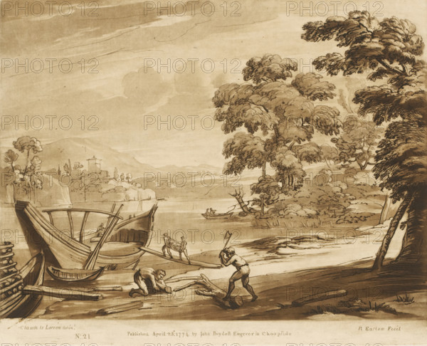 Landscape with lake and men engaged in shipbuilding, Liber Veritatis. Or a Collection of Two Hundred Prints, after the original designs of Claude le Lorrain, Prints after drawings by Claude Lorrain, print, Series number, 21, 200, printmaker: Richard Earlom, after drawing by Claude Lorrain, publisher: John Boydell, London, 1774-04-25, paper, mezzotint, etching, mezzotint and etching, printed in brown, height 208 mm x width 257 mm, From 1774, John Boydell published two hundred prints after the drawing book Liber Veritatis by Claude Lorrain, in the possession of the Dukes of Cavendish. These prints were published in two volumes from 1777 onwards., lake, building a ship, ship under construction, shipyard-workers, A sepia-toned landscape drawing showing a shoreline with large trees on the right and boats beached on the left, a small rowboat floating on the water, distant hills and a cluster of buildings across the water, three figures near the shore handling wooden planks with one raising a...