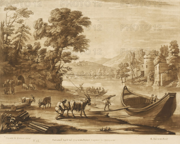 Landscape with cattle and ferry on a river, Prints after drawings by Claude Lorrain, Liber Veritatis. Or a Collection of Two Hundred Prints, after the original designs of Claude le Lorrain, print, Series number, 22, 200, printmaker: Richard Earlom, after drawing by Claude Lorrain, publisher: John Boydell, London, 1774-04-25, paper, mezzotint, etching, mezzotint and etching, printed in brown, height 209 mm x width 259 mm, From 1774 John Boydell published two hundred prints based on the drawing book Liber Veritatis by Claude Lorrain, in the possession of the Dukes of Cavendish. These prints were published in two volumes from 1777 onwards., river, ferry, cattle, A sepia-toned landscape drawing showing a riverbank with large trees on the left and a cluster of buildings with a round tower and a waterwheel on the right; boats are moored at the shore with figures on and near them, one person standing on a boat pole and another guiding a small boat carrying animals; cattle and goats graze and ...