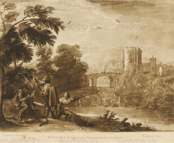 Landscape near a village, with two hunters and a draftsman on a riverbank, Prints after drawings by Claude Lorrain, Liber Veritatis. Or a Collection of Two Hundred Prints, after the original designs of Claude le Lorrain, print, Series number, 24, 200, printmaker: Richard Earlom, after drawing by Claude Lorrain, publisher: John Boydell, London, 1774-04-25, paper, mezzotint, etching, mezzotint and etching, printed in brown, height 207 mm x width 258 mm, From 1774, John Boydell published two hundred prints after the drawing book Liber Veritatis by Claude Lorrain, in the possession of the Dukes of Cavendish. These prints were published in bundles in two volumes from 1777 onwards., landscape with bridge, viaduct or aqueduct, river, landscape with ruins, hunters hunting (NB: In 1988-1990 this notation denoted the concept of 43C11421 'hunters resting during the hunt'), draughtsman studying classical remains, A sepia-toned landscape shows a riverside scene with a stone bridge spanning a flowin...