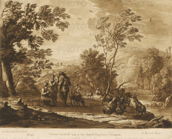 Hilly landscape with cattle and three shepherds making music, Prints after drawings by Claude Lorrain, Liber Veritatis. Or a Collection of Two Hundred Prints, after the original designs of Claude le Lorrain, print, Series number, 25, 200, printmaker: Richard Earlom, after drawing by Claude Lorrain, publisher: John Boydell, London, 1774-04-25, paper, mezzotint, etching, mezzotint and etching, printed in brown, height 207 mm x width 256 mm, From 1774 John Boydell published two hundred prints based on the drawing book Liber Veritatis by Claude Lorrain, in the possession of the Dukes of Cavendish. These prints were published in two volumes from 1777 onwards., pastorals, Arcadian scenes, river, cattle, making music, musician with instrument - CC - out of doors, A sepia-toned landscape drawing showing a group of people gathered near a riverbank surrounded by trees and hills; tall, windswept trees frame the scene with detailed foliage and branches extending across the sky, where a few birds a...