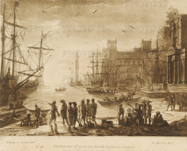 Seaport with many figures and two buildings, Liber Veritatis. Or a Collection of Two Hundred Prints, after the original designs of Claude le Lorrain, Prints after drawings by Claude Lorrain, print, Series number, 28, 200, printmaker: Richard Earlom, after drawing by Claude Lorrain, publisher: John Boydell, London, 1774-04-25, paper, mezzotint, etching, mezzotint and etching, printed in brown, height 207 mm x width 258 mm, From 1774 John Boydell published two hundred prints based on the drawing book Liber Veritatis by Claude Lorrain, in the possession of the Dukes of Cavendish. These prints were published in bundled two volumes starting in 1777., sunset, sailing-ship, sailing-boat, landscapes with waters, waterscapes, seascapes (in the temperate zone) (landscape with figures, staffage), harbour (view, vehicle, ship, etc.), A wide waterfront scene rendered in sepia shows tall sailing ships with masts and rigging at the water's edge, smaller rowboats and skiffs on the water, and a busy qu...