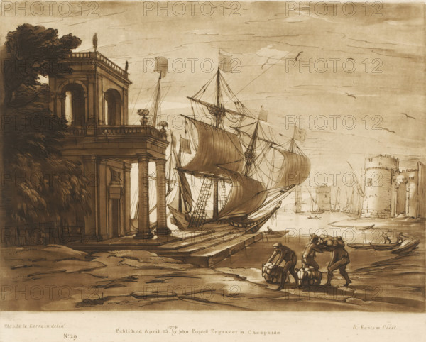 Harbour view with moored sailing ship, Liber Veritatis. Or a Collection of Two Hundred Prints, after the original designs of Claude le Lorrain, Prints after drawings by Claude Lorrain, print, Series number, 29, 200, printmaker: Richard Earlom, after drawing by Claude Lorrain, publisher: John Boydell, London, 1774-04-25, paper, mezzotint, etching, mezzotint and etching, printed in brown, height 206 mm x width 257 mm, From 1774 John Boydell published two hundred prints based on the drawing book Liber Veritatis by Claude Lorrain, in the possession of the Dukes of Cavendish. These prints were published in two volumes from 1777 onwards., sailing-ship, sailing-boat, landscapes with waters, waterscapes, seascapes (in the temperate zone), harbour (number of persons, traffic and transport), A sepia-toned waterfront scene showing a large sailing ship moored beside a stone quay, its tall masts, rigging, and billowing sails prominent in the center; to the left a classical portico with columns, arc...