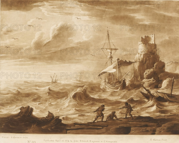 Storm at sea with shipwreck, Prints after drawings by Claude Lorrain, Liber Veritatis. Or a Collection of Two Hundred Prints, after the original designs of Claude le Lorrain, print, Series number, 33, 200, printmaker: Richard Earlom, after drawing by Claude Lorrain, publisher: John Boydell, London, 1774-04-25, paper, mezzotint, etching, mezzotint and etching, printed in brown, height 208 mm x width 257 mm, From 1774 John Boydell published two hundred prints based on the drawing book Liber Veritatis by Claude Lorrain, in the possession of the Dukes of Cavendish. These prints were published in two volumes from 1777 onwards., landscape with ruins, shipwreck, sea (seascape), storm at sea, A sepia-toned seascape showing choppy waves and swirling surf beneath a sky filled with large billowing clouds and a few flying birds, a tall sailing ship with furled sails near a rocky shoreline where a ruined tower stands atop jagged cliffs, small boats moored or stranded by the rocks, and three figures...