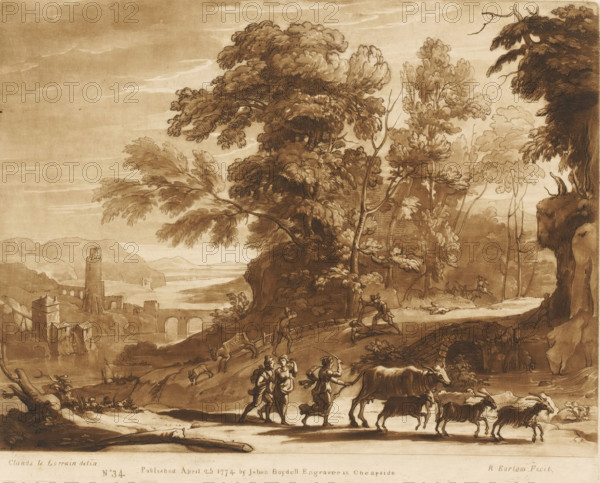 Landscape with drovers and bandits with swords, Liber Veritatis. Or a Collection of Two Hundred Prints, after the original designs of Claude le Lorrain, Prints after drawings by Claude Lorrain, print, Series number, 34, 200, printmaker: Richard Earlom, after drawing by Claude Lorrain, publisher: John Boydell, London, 1774-04-25, paper, mezzotint, etching, mezzotint and etching, printed in brown, height 207 mm x width 257 mm, From 1774 John Boydell published two hundred prints based on the drawing book Liber Veritatis by Claude Lorrain, in the possession of the Dukes of Cavendish. These prints were published in bundled two volumes starting in 1777., landscape with bridge, viaduct or aqueduct, landscape with tower or castle, cattle driving, cattle driver, robbery, violent death by sword - EE - death not certain, wounded person, A sepia-toned landscape drawing showing a winding path and a bridge in the midground, large leafy trees on a rocky hillside, and distant hills and a tower by a ri...