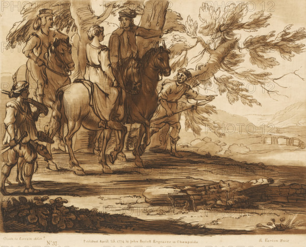 Landscape with three horsemen going hunting, Prints after drawings by Claude Lorrain, Liber Veritatis. Or a Collection of Two Hundred Prints, after the original designs of Claude le Lorrain, print, Series number, 37, 200, printmaker: Richard Earlom, after drawing by Claude Lorrain, publisher: John Boydell, London, 1774-04-25, paper, mezzotint, etching, mezzotint and etching, printed in brown, height 208 mm x width 258 mm, From 1774 John Boydell published two hundred prints based on the drawing book Liber Veritatis by Claude Lorrain, in the possession of the Dukes of Cavendish. These prints were published in two volumes from 1777 onwards., riding a horse, ass, or mule, rider, horseman, assembling, 'départ pour la chasse', A sepia ink drawing showing several figures and horses on a wooded path, with tall trees and sweeping branches to the right and a distant landscape with cliffs and a body of water in the background. Three mounted figures occupy the center, two facing forward and one tu...