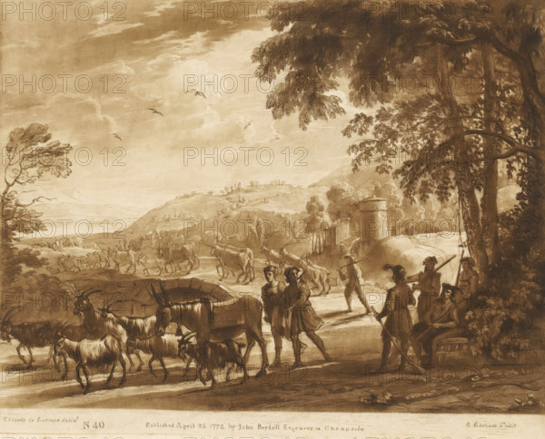 Landscape with a drover over a stone bridge, Prints after drawings by Claude Lorrain, Liber Veritatis. Or a Collection of Two Hundred Prints, after the original designs of Claude le Lorrain, print, Series number, 40, 200, printmaker: Richard Earlom, after drawing by Claude Lorrain, publisher: John Boydell, London, 1774-04-25, paper, mezzotint, etching, mezzotint and etching, printed in brown, height 207 mm x width 258 mm, From 1774 John Boydell published two hundred prints based on the drawing book Liber Veritatis by Claude Lorrain, in the possession of the Dukes of Cavendish. These prints were published in two volumes from 1777 onwards., pastorals, Arcadian scenes, landscape with bridge, viaduct or aqueduct, cattle driving, cattle driver, dale, valley, A sepia-toned landscape showing a country road flanked by trees and rolling hills under a sky with clouds and flying birds, with a group of people and animals on the road including figures walking and standing, men carrying staffs, a co...