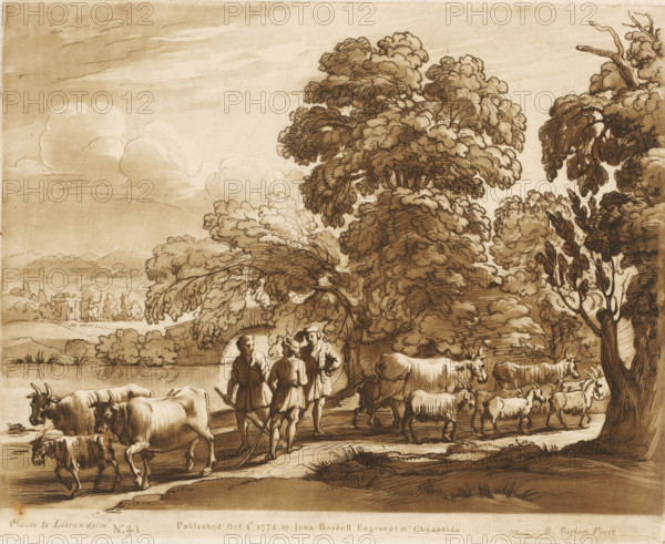 Landscape with cattle and three talking shepherds on a riverbank, Liber Veritatis. Or a Collection of Two Hundred Prints, after the original designs of Claude le Lorrain, Prints after drawings by Claude Lorrain, print, Series number, 41, 200, printmaker: Richard Earlom, after drawing by Claude Lorrain, publisher: John Boydell, London, 1774-10-01, paper, mezzotint, etching, mezzotint and etching, printed in brown, height 207 mm x width 257 mm, From 1774 John Boydell published two hundred prints based on the drawing book Liber Veritatis by Claude Lorrain, in the possession of the Dukes of Cavendish. These prints were published in bundled two volumes starting in 1777., landscape with bridge, viaduct or aqueduct, river, cattle, cattle driving, cattle driver, A sepia-toned landscape drawing shows a group of cattle and sheep grazing and walking along a path beneath large, leafy trees with detailed foliage; three men stand on the path, two facing away and one facing them, one holding a staff,...