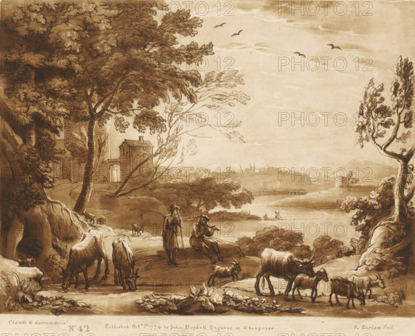Landscape with shepherdess and flute-playing shepherd near a lake, Prints after drawings by Claude Lorrain, Liber Veritatis. Or a Collection of Two Hundred Prints, after the original designs of Claude le Lorrain, print, Series number, 42, 200, printmaker: Richard Earlom, after drawing by Claude Lorrain, publisher: John Boydell, London, 1774-10-01, paper, mezzotint, etching, mezzotint and etching, printed in brown, height 207 mm x width 257 mm, From 1774 John Boydell published two hundred prints based on the drawing book Liber Veritatis by Claude Lorrain, in the possession of the Dukes of Cavendish. These prints were published in two volumes from 1777 onwards., herding, herdsman, herdswoman, shepherd, shepherdess, cowherd, lake, cattle, flute, aulos, tibia - CC - out of doors, A sepia-toned landscape drawing shows a wooded riverside scene with large trees framing the composition and dense foliage on the left and right. In the midground a small stone building with an arched gateway sits ...