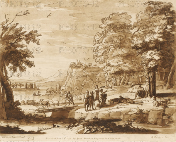 Landscape with Marsyas tied to a tree, Prints after drawings by Claude Lorrain, Liber Veritatis. Or a Collection of Two Hundred Prints, after the original designs of Claude le Lorrain, print, Series number, 45, 200, A landscape with the story of Marsyas, who is flayed at the command of Apollo., printmaker: Richard Earlom, after drawing by Claude Lorrain, publisher: John Boydell, London, 1774-10-01, paper, mezzotint, etching, mezzotint and etching, printed in brown, height 207 mm x width 257 mm, From 1774, John Boydell published two hundred prints after the drawing book Liber Veritatis by Claude Lorrain, in the possession of the Dukes of Cavendish. These prints were published in two volumes from 1777 onwards., herding, herdsman, herdswoman, shepherd, shepherdess, cowherd, river (landscape with figures, staffage), punishment of Marsyas: he is flayed by Apollo, A sepia-toned landscape drawing showing a coastal scene with trees and cliffs, a distant shoreline with small boats on the water,...