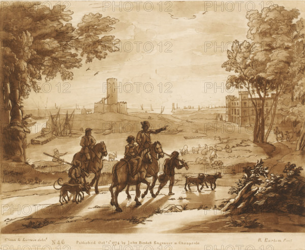 Coastal landscape with three hunters on horses, Liber Veritatis. Or a Collection of Two Hundred Prints, after the original designs of Claude le Lorrain, Prints after drawings by Claude Lorrain, print, Series number, 46, 200, printmaker: Richard Earlom, after drawing by Claude Lorrain, publisher: John Boydell, London, 1774-10-01, paper, mezzotint, etching, mezzotint and etching, printed in brown, height 208 mm x width 258 mm, From 1774 John Boydell published two hundred prints based on the drawing book Liber Veritatis by Claude Lorrain, in the possession of the Dukes of Cavendish. These prints were published in two volumes from 1777 onwards., coast, harbour, riding a horse, ass, or mule, rider, horseman, hunter, hunter - CC - female hunter, huntress, A sepia-toned landscape drawing showing a group of riders on horseback accompanied by walking figures and dogs moving along a dirt path in the foreground, with trees framing both sides, grazing sheep and scattered figures in the midground, ...