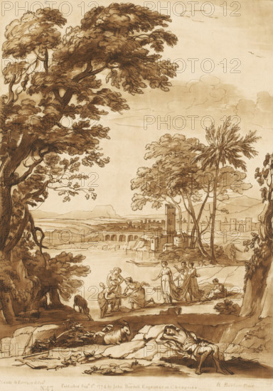 Landscape by a lake with the finding of Moses, Prints after drawings by Claude Lorrain, Liber Veritatis. Or a Collection of Two Hundred Prints, after the original designs of Claude le Lorrain, print, Series number, 47, 200, printmaker: Richard Earlom, after drawing by Claude Lorrain, publisher: John Boydell, London, 1774-09-01, paper, mezzotint, etching, mezzotint and etching, printed in brown, height 271 mm x width 192 mm, From 1774, John Boydell published two hundred prints after the drawing book Liber Veritatis by Claude Lorrain, in the possession of the Dukes of Cavendish. These prints were published in two volumes from 1777 onwards., city-view, and landscape with man-made constructions, lake (landscape with figures, staffage), Moses is either presented to Pharaoh's daughter or surrounded by women fondling him, A sepia-toned landscape drawing shows tall leafy trees framing a river scene with distant rolling hills and a town with towers and arched bridges along the water; groups of ...