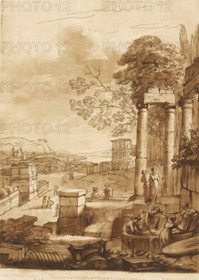 Landscape with ruins and women placing a body in a sarcophagus, Liber Veritatis. Or a Collection of Two Hundred Prints, after the original designs of Claude le Lorrain, Prints after drawings by Claude Lorrain, print, Series number, 48, 200, printmaker: Richard Earlom, after drawing by Claude Lorrain, publisher: John Boydell, London, 1774-09-01, paper, mezzotint, etching, mezzotint and etching, printed in brown, height 270 mm x width 190 mm, From 1774 John Boydell published two hundred prints based on the drawing book Liber Veritatis by Claude Lorrain, in the possession of the Dukes of Cavendish. These prints were published in two volumes from 1777 onwards., burial, landscape with ruins, A sepia-toned landscape drawing showing ruins and classical architecture with tall stone columns and a partially intact entablature at the right, trees with detailed foliage rising behind the columns, and a multi-level building with arched openings visible in the middle distance; several small human fig...