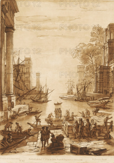 Seaport with three rowing boats on shore and several buildings, Liber Veritatis. Or a Collection of Two Hundred Prints, after the original designs of Claude le Lorrain, Prints after drawings by Claude Lorrain, print, Series number, 49, 200, printmaker: Richard Earlom, after drawing by Claude Lorrain, publisher: John Boydell, London, 1774-09-01, paper, mezzotint, etching, mezzotint and etching, printed in brown, height 271 mm x width 192 mm, From 1774 John Boydell published two hundred prints based on the drawing book Liber Veritatis by Claude Lorrain, in the possession of the Dukes of Cavendish. These prints were published in two volumes from 1777 onwards., harbour, landscapes with waters, waterscapes, seascapes (in the temperate zone), city-view, and landscape with man-made constructions, ships (in general) (getting in, mounting, embarkation), A sepia-toned drawing of a harbor scene with a wide central waterway flanked by tall classical buildings and columns, docked sailing ships with...