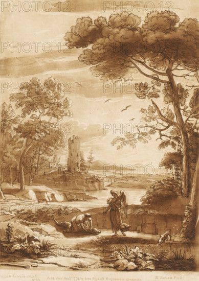 Coastal landscape with Tobias and the angel, Liber Veritatis. Or a Collection of Two Hundred Prints, after the original designs of Claude le Lorrain, Prints after drawings by Claude Lorrain, print, Series number, 50, 200, printmaker: Richard Earlom, after drawing by Claude Lorrain, publisher: John Boydell, London, 1774-09-01, paper, mezzotint, etching, mezzotint and etching, printed in brown, height 270 mm x width 191 mm, From 1774 John Boydell published two hundred prints based on the drawing book Liber Veritatis by Claude Lorrain, in the possession of the Dukes of Cavendish. These prints were published in bundled two volumes starting in 1777., coast, landscape with bridge, viaduct or aqueduct, landscape with tower or castle, the angel Raphael tells Tobias to cut the fish to pieces, A sepia-toned landscape drawing showing a tall tree on the right with textured foliage and twisting branches, a grouping of trees on the left with rounded canopies, a ruined tower and distant buildings on ...