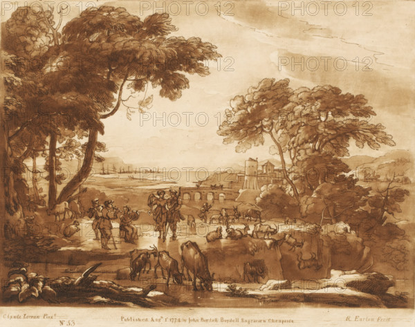 Landscape with shepherds making music and goats falling from a cliff, Prints after drawings by Claude Lorrain, Liber Veritatis. Or a Collection of Two Hundred Prints, after the original designs of Claude le Lorrain, print, Series number, 53, 200, printmaker: Richard Earlom, after drawing by Claude Lorrain, publisher: John Boydell, London, 1774-08-01, paper, mezzotint, etching, mezzotint and etching, printed in brown, height 206 mm x width 259 mm, From 1774 John Boydell published two hundred prints based on the drawing book Liber Veritatis by Claude Lorrain, in the possession of the Dukes of Cavendish. These prints were published in bundles in two volumes starting from 1777., landscape with bridge, viaduct or aqueduct, landscape with tower or castle, making music, musician with instrument - CC - out of doors, inland cliff face (landscape with figures, staffage), A sepia-toned landscape drawing showing a wooded foreground with large, leafy trees framing a scene of people, animals, and di...
