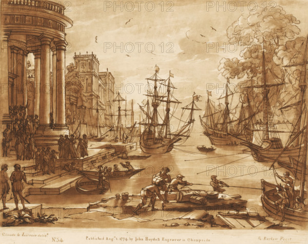 Port view with the embarkation of Saint Ursula, Prints after drawings by Claude Lorrain, Liber Veritatis. Or a Collection of Two Hundred Prints, after the original designs of Claude le Lorrain, print, Series number, 54, 200, printmaker: Richard Earlom, after drawing by Claude Lorrain, publisher: John Boydell, London, 1774-08-01, paper, mezzotint, etching, mezzotint and etching, printed in brown, height 207 mm x width 258 mm, From 1774 John Boydell published two hundred prints based on the drawing book Liber Veritatis by Claude Lorrain, in the possession of the Dukes of Cavendish. These prints were published in bundled two volumes starting in 1777., harbour, sailing-ship, sailing-boat, landscapes with waters, waterscapes, seascapes (in the temperate zone), city-view, and landscape with man-made constructions (city(-scape) with figures, staffage), St. Ursula as patron, protector, intercessor, Rome, A sepia-toned harbor scene with sailing ships moored and anchored in calm water, their tal...
