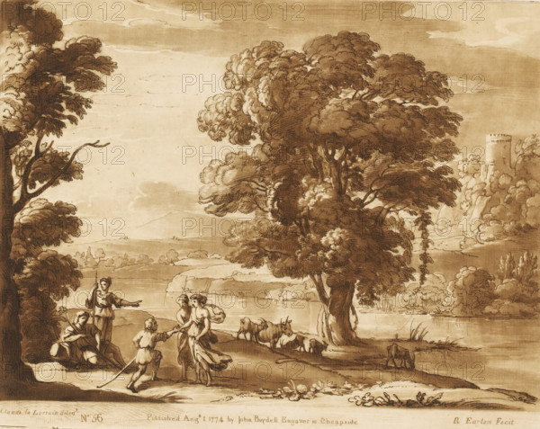 Landscape with five shepherds and cattle on a riverbank, Liber Veritatis. Or a Collection of Two Hundred Prints, after the original designs of Claude le Lorrain, Prints after drawings by Claude Lorrain, print, Series number, 56, 200, printmaker: Richard Earlom, after drawing by Claude Lorrain, publisher: John Boydell, London, 1774-08-01, paper, mezzotint, etching, mezzotint and etching, printed in brown, height 204 mm x width 258 mm, From 1774 John Boydell published two hundred prints based on the drawing book Liber Veritatis by Claude Lorrain, in the possession of the Dukes of Cavendish. These prints were published in two volumes from 1777 onwards., pastorals, Arcadian scenes, herding, herdsman, herdswoman, shepherd, shepherdess, cowherd, cattle, river bank, A sepia-toned landscape drawing shows a large leafy tree near the center with detailed foliage and a textured trunk, flanked by other trees and shrubbery; a body of water stretches behind the trees with low rolling hills and a dis...