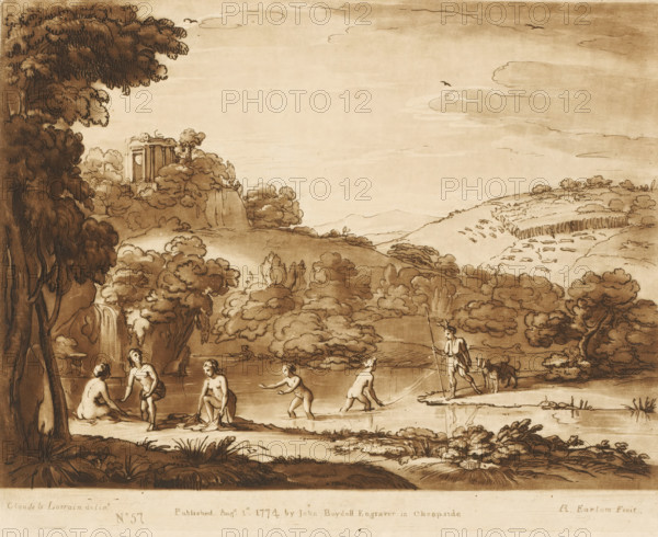 Landscape with Actaeon and Diana and her nymphs, Liber Veritatis. Or a Collection of Two Hundred Prints, after the original designs of Claude le Lorrain, Prints after drawings by Claude Lorrain, print, Series number, 57, 200, printmaker: Richard Earlom, after drawing by Claude Lorrain, publisher: John Boydell, London, 1774-08-01, paper, mezzotint, etching, mezzotint and etching, printed in brown, height 206 mm x width 257 mm, From 1774 John Boydell published two hundred prints based on the drawing book Liber Veritatis by Claude Lorrain, in the possession of the Dukes of Cavendish. These prints were published in two volumes from 1777 onwards., lake, landscape with ruins, Actaeon changed into a stag: as punishment for seeing her bathe, Diana changes Actaeon, the hunter, into a stag (Ovid, Metamorphoses III 193), A sepia-toned landscape drawing shows rolling hills, clustered trees, and a small rocky cliff with a waterfall feeding a calm body of water in the foreground. Several nude figure...