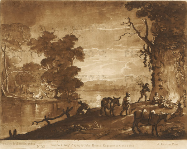Landscape with figures on a bank lighting a fire, Prints after drawings by Claude Lorrain, Liber Veritatis. Or a Collection of Two Hundred Prints, after the original designs of Claude le Lorrain, print, Series number, 59, 200, printmaker: Richard Earlom, after drawing by Claude Lorrain, publisher: John Boydell, London, 1774-08-01, paper, mezzotint, etching, mezzotint and etching, printed in brown, height 204 mm x width 257 mm, From 1774 John Boydell published two hundred prints based on the drawing book Liber Veritatis by Claude Lorrain, in the possession of the Dukes of Cavendish. These prints were published in two volumes from 1777 onwards., lake, moonlight, camp-fire, watch-fire, A sepia-toned landscape showing a lakeside scene with large leafy trees on the left and a tall tree with a textured trunk and hanging vines on the right, a body of water stretching toward distant hills under a sky with wispy clouds, small human figures gathered near fires on both sides of the shore, a perso...