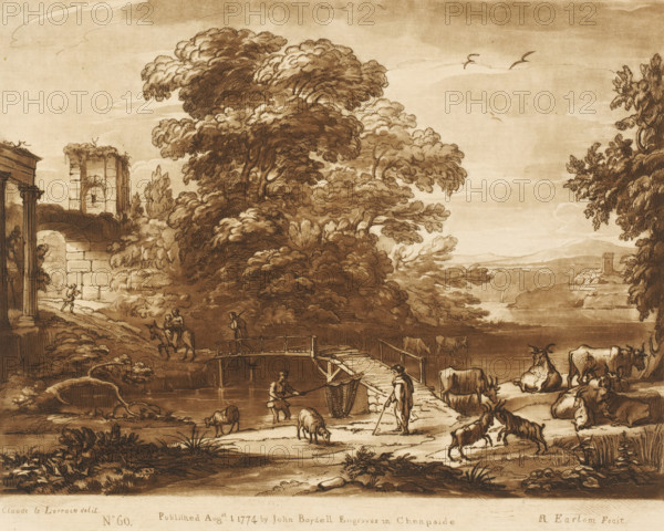 Landscape with cattle, fisherman and flight to Egypt, Liber Veritatis. Or a Collection of Two Hundred Prints, after the original designs of Claude le Lorrain, Prints after drawings by Claude Lorrain, print, Series number, 60, 200, printmaker: Richard Earlom, after drawing by Claude Lorrain, publisher: John Boydell, London, 1774-08-01, paper, mezzotint, etching, mezzotint and etching, printed in brown, height 206 mm x width 256 mm, From 1774 John Boydell published two hundred prints based on the drawing book Liber Veritatis by Claude Lorrain, in the possession of the Dukes of Cavendish. These prints were published in two volumes from 1777 onwards., river, landscape with ruins, cattle, fisherman, the flight into Egypt: Mary, Joseph, the child (and sometimes others) on their way, Mary usually riding on an ass - BB - landscape predominant, A sepia-toned landscape drawing shows a riverside scene with large, leafy trees occupying the central area and extending to the right, their foliage ren...