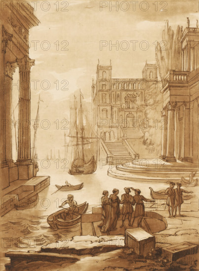 Seaport with six figures on shore and three buildings, Liber Veritatis. Or a Collection of Two Hundred Prints, after the original designs of Claude le Lorrain, Prints after drawings by Claude Lorrain, print, Series number, 61, 200, printmaker: Richard Earlom, after drawing by Claude Lorrain, publisher: John Boydell, London, 1774-11-01, paper, mezzotint, etching, mezzotint and etching, printed in brown, height 272 mm x width 191 mm, From 1774 John Boydell published two hundred prints based on the drawing book Liber Veritatis by Claude Lorrain, in the possession of the Dukes of Cavendish. These prints were published in two volumes from 1777 onwards., harbour, city-view, and landscape with man-made constructions, landscapes with waters, waterscapes, seascapes (in the temperate zone) - HH - ideal landscapes, A sepia-toned drawing shows a harbor scene with classical architecture framing both sides, including tall fluted columns and stepped platforms. In the foreground a group of figures sta...