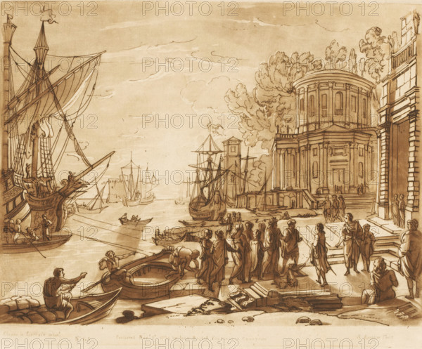 Seaport with arrival of Cleopatra in Tarsus, Prints after drawings by Claude Lorrain, Liber Veritatis. Or a Collection of Two Hundred Prints, after the original designs of Claude le Lorrain, print, Series number, 63, 200, printmaker: Richard Earlom, after drawing by Claude Lorrain, publisher: John Boydell, London, 1774-11-01, paper, mezzotint, etching, mezzotint and etching, printed in brown, height 208 mm x width 258 mm, From 1774 John Boydell published two hundred prints based on the drawing book Liber Veritatis by Claude Lorrain, in the possession of the Dukes of Cavendish. These prints were published in two volumes from 1777 onwards., Person, Cleopatra VII (Queen of Egypt), harbour, city-view, and landscape with man-made constructions, landscapes with waters, waterscapes, seascapes (in the temperate zone) - HH - ideal landscapes, Cleopatra comes ashore at Tarsus on Mark Antony's summons, Tarsus, A sepia-toned drawing showing a busy harbor scene with tall sailing ships docked at the...