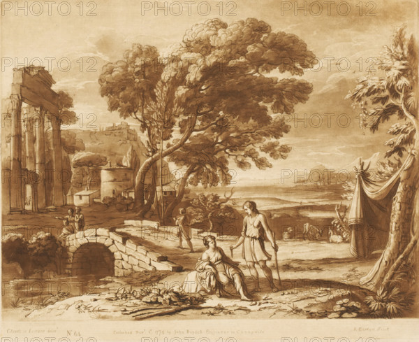 Coastal landscape with shepherd, shepherdess and ruin, Prints after drawings by Claude Lorrain, Liber Veritatis. Or a Collection of Two Hundred Prints, after the original designs of Claude le Lorrain, print, Series number, 64, 200, printmaker: Richard Earlom, after drawing by Claude Lorrain, publisher: John Boydell, London, 1774-11-01, paper, mezzotint, etching, mezzotint and etching, printed in brown, height 208 mm x width 258 mm, From 1774 John Boydell published two hundred prints based on the drawing book Liber Veritatis by Claude Lorrain, in the possession of the Dukes of Cavendish. These prints were published in bundled two volumes starting in 1777., pastorals, Arcadian scenes, herding, herdsman, herdswoman, shepherd, shepherdess, cowherd, landscape with ruins - II - ideal landscapes, landscape with bridge, viaduct or aqueduct (city(-scape) with figures, staffage), coast - HH - ideal landscapes, A sepia-toned landscape drawing showing a stone bridge with an arched opening in the f...