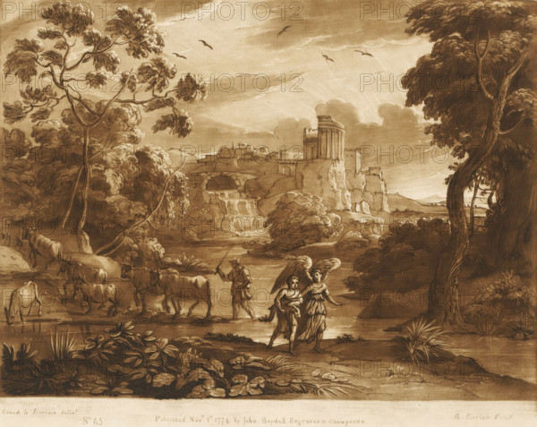 Landscape with ancient city on a cliff and Tobias and the angel on the bank, Prints after drawings by Claude Lorrain, Liber Veritatis. Or a Collection of Two Hundred Prints, after the original designs of Claude le Lorrain, print, Series number, 65, 200, The temple on the cliff is an idealized representation of the Temple of the Sibyl at Tivoli., printmaker: Richard Earlom, after drawing by Claude Lorrain, publisher: John Boydell, London, 1774-11-01, paper, mezzotint, etching, mezzotint and etching, printed in brown, height 208 mm x width 258 mm, From 1774 John Boydell published two hundred prints based on the drawing book Liber Veritatis by Claude Lorrain, in the possession of the Dukes of Cavendish. These prints were published in two volumes from 1777 onwards, pastorals, Arcadian scenes, river, cattle driving, cattle driver, landscape with ruins - II - ideal landscapes, Tobias and the angel Raphael continue their journey, usually Tobias carrying the fish, Tivoli, Temple of Sibyl, A se...
