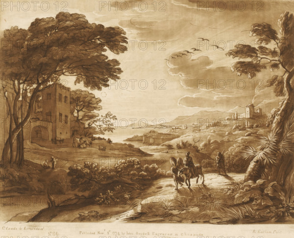 Coastal landscape with the flight into Egypt and an angel, Liber Veritatis. Or a Collection of Two Hundred Prints, after the original designs of Claude le Lorrain, Prints after drawings by Claude Lorrain, print, Series number, 66, 200, printmaker: Richard Earlom, after drawing by Claude Lorrain, publisher: John Boydell, London, 1774-11-01, paper, mezzotint, etching, mezzotint and etching, printed in brown, height 208 mm x width 256 mm, From 1774 John Boydell published two hundred prints based on the drawing book Liber Veritatis by Claude Lorrain, in the possession of the Dukes of Cavendish. These prints were published in two volumes from 1777 onwards., the flight into Egypt: Mary, Joseph, the child (and sometimes others) on their way, Mary usually riding on an ass - BB - landscape predominant, coast - HH - ideal landscapes, A sepia-toned landscape drawing shows a coastal scene with large, leafy trees framing both sides, a multi-story building with arched openings tucked among the trees...