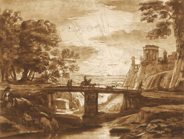 Landscape with travelers crossing a bridge at sunset, Prints after drawings by Claude Lorrain, Liber Veritatis. Or a Collection of Two Hundred Prints, after the original designs of Claude le Lorrain, print, Series number, 67, 200, printmaker: Richard Earlom, after drawing by Claude Lorrain, publisher: John Boydell, London, 1774-11-01, paper, mezzotint, etching, mezzotint and etching, printed in brown, height 207 mm x width 257 mm, From 1774 John Boydell published two hundred prints based on the drawing book Liber Veritatis by Claude Lorrain, in the possession of the Dukes of Cavendish. These prints were published in bundled two volumes starting in 1777., sunset, river (landscape with figures, staffage), landscape with ruins - II - ideal landscapes, landscape with bridge, viaduct or aqueduct - II - ideal landscapes, A sepia-toned landscape drawing showing a wide sky with layered clouds and linear rays, a cluster of large leafy trees on the left and a tall tree on the right framing a roc...