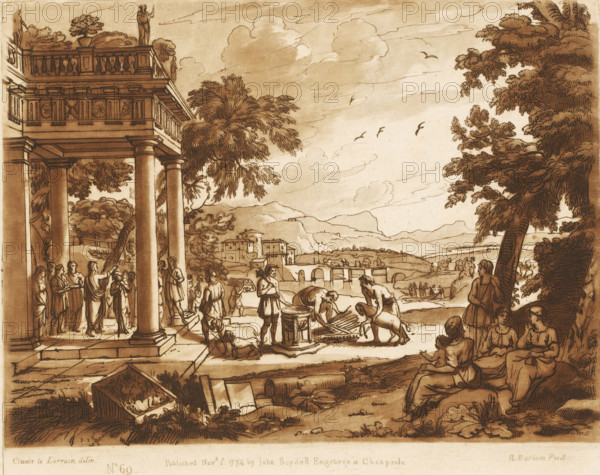 Landscape with portico where Samuel anoints David, Prints after drawings by Claude Lorrain, Liber Veritatis. Or a Collection of Two Hundred Prints, after the original designs of Claude le Lorrain, print, Series number, 69, 200, printmaker: Richard Earlom, after drawing by Claude Lorrain, publisher: John Boydell, London, 1774-11-01, paper, mezzotint, etching, mezzotint and etching, printed in brown, height 207 mm x width 258 mm, From 1774 John Boydell published two hundred prints based on the drawing book Liber Veritatis by Claude Lorrain, in the possession of the Dukes of Cavendish. These prints were published in two volumes from 1777 onwards., Samuel anointing David in the presence of his father Jesse and his brothers, sacrifice of animals, Jewish religion, A sepia-toned scene shows a classical colonnaded building on the left with tall columns and a balustraded upper terrace topped by statues and potted plants, while a group of robed figures stand beneath the portico. In the foregroun...