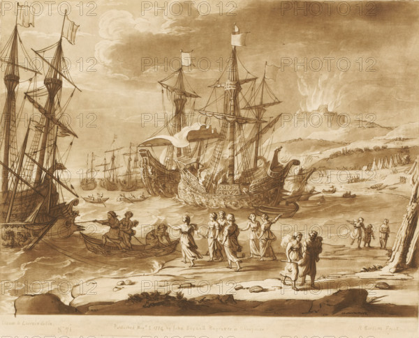 Coastal view with Trojan women setting ships on fire, Prints after drawings by Claude Lorrain, Liber Veritatis. Or a Collection of Two Hundred Prints, after the original designs of Claude le Lorrain, print, Series number, 71, 200, printmaker: Richard Earlom, after drawing by Claude Lorrain, publisher: John Boydell, London, 1774-11-01, paper, mezzotint, etching, mezzotint and etching, printed in brown, height 207 mm x width 256 mm, From 1774 John Boydell published two hundred prints based on the drawing book Liber Veritatis by Claude Lorrain, in the possession of the Dukes of Cavendish. These prints were published in two volumes from 1777 onwards., coast, sea (seascape), ships (in general) - CC - more than one ship, Iris, in the guise of Beroe, an old woman, incites the Trojan women to rebellion, they set the ships on fire, A coastal scene rendered in sepia tones shows large sailing ships with tall masts and billowing flags anchored near the shore, smaller boats and rowboats in the wate...