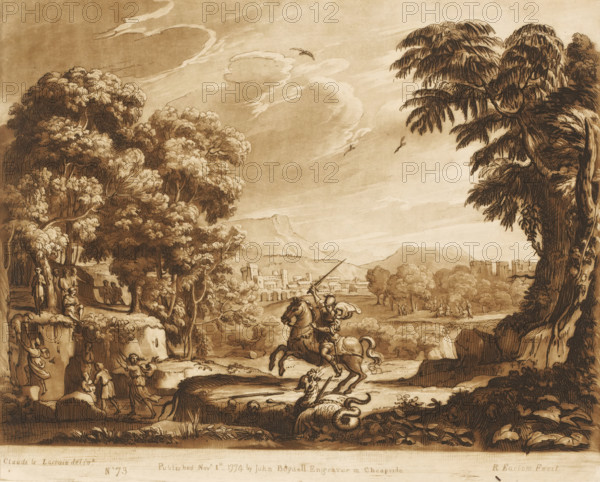 Landscape with Saint George fighting the dragon, Liber Veritatis. Or a Collection of Two Hundred Prints, after the original designs of Claude le Lorrain, Prints after drawings by Claude Lorrain, print, Series number, 73, 200, printmaker: Richard Earlom, after drawing by Claude Lorrain, publisher: John Boydell, London, 1774-11-01, paper, mezzotint, etching, mezzotint and etching, printed in brown, height 206 mm x width 258 mm, From 1774 John Boydell published two hundred prints based on the drawing book Liber Veritatis by Claude Lorrain, in the possession of the Dukes of Cavendish. These prints were published in two volumes from 1777 onwards., St. George and the dragon: dressed in armor and mounted on a (white) horse he brandishes his sword (his lance lies already broken on the ground), the princess nearby may be shown praying or fleeing, mountains - HH - ideal landscapes, A sepia-toned landscape drawing shows a wide sky with swirling clouds and several birds in flight above a distant t...