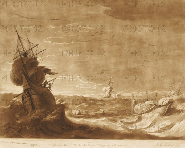 Storm at sea with figures fleeing from a ship, Prints after drawings by Claude Lorrain, Liber Veritatis. Or a Collection of Two Hundred Prints, after the original designs of Claude le Lorrain, print, Series number, 74, 200, printmaker: Richard Earlom, after drawing by Claude Lorrain, publisher: John Boydell, London, 1774-11-01, paper, mezzotint, etching, mezzotint and etching, printed in brown, height 207 mm x width 256 mm, From 1774 John Boydell published two hundred prints based on the drawing book Liber Veritatis by Claude Lorrain, in the possession of the Dukes of Cavendish. These prints were published in two volumes from 1777 onwards., sea (seascape), storm at sea, ships (in general) - CC - more than one ship, A sepia-toned drawing showing a turbulent sea with large rolling waves and foamy crests, several sailing vessels of varying sizes caught in the swell, one large ship in the left foreground with tall masts, rigging, and billowing sails partially furled, a smaller boat with a ...