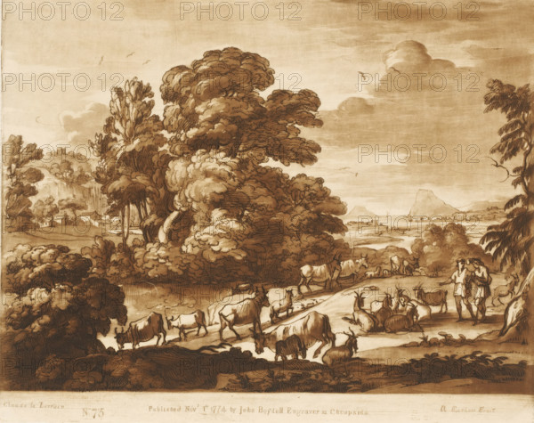Landscape with large tree and two shepherds with cattle, Prints after drawings by Claude Lorrain, Liber Veritatis. Or a Collection of Two Hundred Prints, after the original designs of Claude le Lorrain, print, Series number, 75, 200, printmaker: Richard Earlom, after drawing by Claude Lorrain, publisher: John Boydell, London, 1774-11-01, paper, mezzotint, etching, mezzotint and etching, printed in brown, height 206 mm x width 255 mm, From 1774 John Boydell published two hundred prints based on the drawing book Liber Veritatis by Claude Lorrain, in the possession of the Dukes of Cavendish. These prints were published in two volumes from 1777 onwards., pastorals, Arcadian scenes, herding, herdsman, herdswoman, shepherd, shepherdess, cowherd, trees, cattle, A sepia-toned landscape drawing shows a wooded area with large, densely foliaged trees rising toward the sky, clouds and a few birds above, and rolling hills in the distance. In the foreground a winding path and rocky stream run past s...
