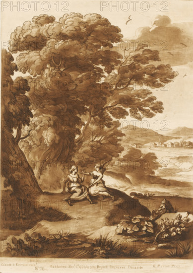 Landscape with Jupiter seducing Callisto in the guise of Diana, Prints after drawings by Claude Lorrain, Liber Veritatis. Or a Collection of Two Hundred Prints, after the original designs of Claude le Lorrain, print, Series number, 76, 200, printmaker: Richard Earlom, after drawing by Claude Lorrain, publisher: John Boydell, London, 1774-11-01, paper, mezzotint, etching, mezzotint and etching, printed in brown, height 268 mm x width 191 mm, From 1774 John Boydell published two hundred prints based on the drawing book Liber Veritatis by Claude Lorrain, in the possession of the Dukes of Cavendish. These prints were published in two volumes from 1777 onwards: Jupiter, in the guise of Diana, and Callisto, low hill country - HH - ideal landscapes, A sepia-toned landscape drawing shows large, leafy trees with dense, rounded canopies occupying the left and central upper areas, their trunks and branches rendered with flowing lines and shaded washes; beneath the trees two women in flowing dress...