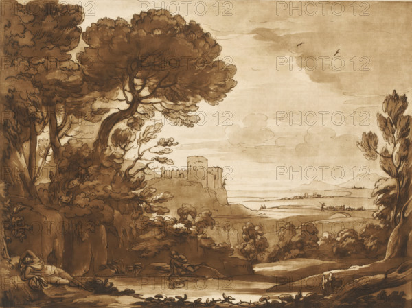 Landscape with Narcissus and Echo, Prints after drawings by Claude Lorrain, Liber Veritatis. Or a Collection of Two Hundred Prints, after the original designs of Claude le Lorrain, print, Series number, 77, 200, printmaker: Richard Earlom, after drawing by Claude Lorrain, publisher: John Boydell, London, 1774-11-01, paper, mezzotint, etching, mezzotint and etching, printed in brown, height 206 mm x width 256 mm, From 1774 John Boydell published two hundred prints based on the drawing book Liber Veritatis by Claude Lorrain, in the possession of the Dukes of Cavendish. These prints were published in two volumes from 1777 onwards., Narcissus, gazing in a fountain, falls in love with his own reflection, possibly the nymph Echo peeps at the scene, lake - HH - ideal landscapes, A sepia-toned landscape drawing showing a rocky foreground with reclining and seated human figures among plants, a cluster of large, leafy trees with twisted trunks dominating the left and center, a cliff with a small...