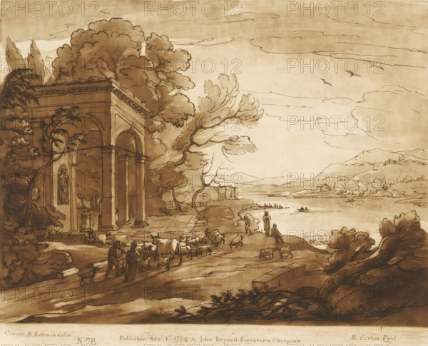 Landscape with drovers along a lake and a classical building, Prints after drawings by Claude Lorrain, Liber Veritatis. Or a Collection of Two Hundred Prints, after the original designs of Claude le Lorrain, print, Series number, 78, 200, printmaker: Richard Earlom, after drawing by Claude Lorrain, publisher: John Boydell, London, 1774-11-01, paper, mezzotint, etching, mezzotint and etching, printed in brown, height 206 mm x width 255 mm, From 1774 John Boydell published two hundred prints based on the drawing book Liber Veritatis by Claude Lorrain, in the possession of the Dukes of Cavendish. These prints were published in two volumes from 1777 onwards., pastorals, Arcadian scenes, city-view, and landscape with man-made constructions, cattle driving, cattle driver, lake - HH - ideal landscapes, A sepia-toned landscape drawing shows a classical arched building on the left partially covered by trees, with columns and a niche containing a statue visible on its facade; a winding path and ...