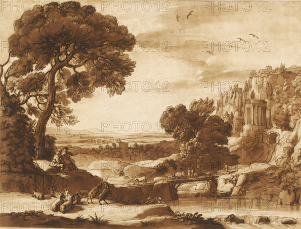 Landscape with wooden bridge and Temple of the Sibyl, Prints after drawings by Claude Lorrain, Liber Veritatis. Or a Collection of Two Hundred Prints, after the original designs of Claude le Lorrain, print, Series number, 79, 200, On the right an idealized representation of the Temple of the Sibyl in Tivoli., printmaker: Richard Earlom, after drawing by Claude Lorrain, publisher: John Boydell, London, 1774-11-01, paper, mezzotint, etching, mezzotint and etching, printed in brown, height 206 mm x width 255 mm, From 1774 John Boydell published two hundred prints based on the drawing book Liber Veritatis by Claude Lorrain, in the possession of the Dukes of Cavendish. These prints were published in two volumes from 1777 onwards., pastorals, Arcadian scenes, cattle driving, cattle driver, landscape with ruins - II - ideal landscapes, river - HH - ideal landscapes, Tivoli, Temple of the Sibyl, A sepia-toned landscape drawing showing a large windswept tree on the left with dense foliage and a...