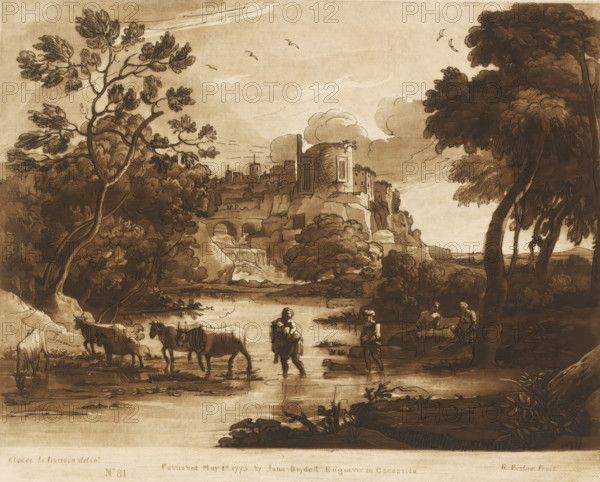Landscape near a town with shepherds and cattle crossing a stream, Prints after drawings by Claude Lorrain, Liber Veritatis. Or a Collection of Two Hundred Prints, after the original designs of Claude le Lorrain, print, Series number, 81, 200, printmaker: Richard Earlom, after drawing by Claude Lorrain, publisher: John Boydell, London, 1775-05-01, paper, mezzotint, etching, mezzotint and etching, printed in brown, height 206 mm x width 257 mm, From 1774 John Boydell published two hundred prints based on the drawing book Liber Veritatis by Claude Lorrain, in the possession of the Dukes of Cavendish. These prints were published in two volumes from 1777 onwards., pastorals, Arcadian scenes, river, cattle, crossing a river, city-view, and landscape with man-made constructions - II - ideal landscapes, A wide sepia-toned landscape shows a river or shallow pond in the foreground with cattle standing and wading in the water, a few human figures near the water's edge including a person carrying...