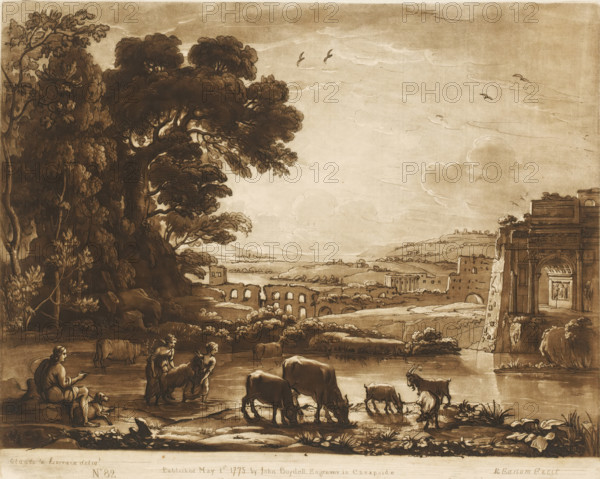 Landscape with shepherds, cattle and triumphal arch around a lake, Prints after drawings by Claude Lorrain, Liber Veritatis. Or a Collection of Two Hundred Prints, after the original designs of Claude le Lorrain, print, Series number, 82, 200, printmaker: Richard Earlom, after drawing by Claude Lorrain, publisher: John Boydell, London, 1775-05-01, paper, mezzotint, etching, mezzotint and etching, printed in brown, height 208 mm x width 257 mm, From 1774 John Boydell published two hundred prints based on the drawing book Liber Veritatis by Claude Lorrain, in the possession of the Dukes of Cavendish. These prints were published in two volumes from 1777 onwards., pastorals, Arcadian scenes, herding, herdsman, herdswoman, shepherd, shepherdess, cowherd, triumphal arch, landscape with ruins - II - ideal landscapes, viaduct, A sepia-toned landscape showing a wooded hillside on the left with large, leafy trees and dense foliage, a calm river or pond in the foreground where livestock drink and...