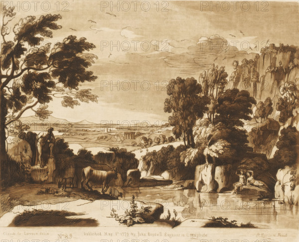 Landscape with bathing figures and castle on a high cliff, Liber Veritatis. Or a Collection of Two Hundred Prints, after the original designs of Claude le Lorrain, Prints after drawings by Claude Lorrain, print, Series number, 86, 200, printmaker: Richard Earlom, after drawing by Claude Lorrain, publisher: John Boydell, London, 1775-05-01, paper, mezzotint, etching, mezzotint and etching, printed in brown, height 206 mm x width 256 mm, From 1774 John Boydell published two hundred prints based on the drawing book Liber Veritatis by Claude Lorrain, in the possession of the Dukes of Cavendish. These prints were published in two volumes from 1777 onwards., landscape with ruins - II - ideal landscapes, lake (landscape with figures, staffage), inland cliff face, A sepia-toned landscape drawing shows a wide panoramic view with large, leafy trees framing the scene on both sides and rocky cliffs rising on the right. In the foreground a few cattle graze near a small stream and a rocky ledge, whi...