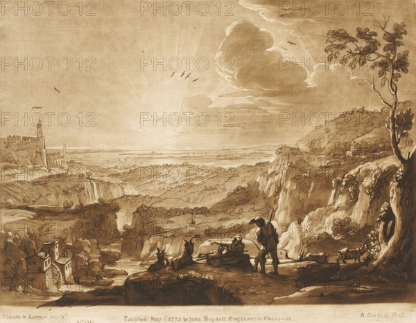 Mountainous landscape with hunter and shepherd at sunset, Liber Veritatis. Or a Collection of Two Hundred Prints, after the original designs of Claude le Lorrain, Prints after drawings by Claude Lorrain, print, Series number, 89, 200, printmaker: Richard Earlom, after drawing by Claude Lorrain, publisher: John Boydell, London, 1775-05-01, paper, mezzotint, etching, mezzotint and etching, printed in brown, height 205 mm x width 257 mm, From 1774 John Boydell published two hundred prints based on the drawing book Liber Veritatis by Claude Lorrain, in the possession of the Dukes of Cavendish. These prints were published in two volumes from 1777 onwards., herding, herdsman, herdswoman, shepherd, shepherdess, cowherd, sunset, hunter, watermill in landscape, mountains - HH - ideal landscapes, A sepia-toned landscape drawn with ink and wash shows a wide valley viewed from a high rocky foreground where a standing figure leans on a staff near a cart and a reclining figure beside two animals; st...