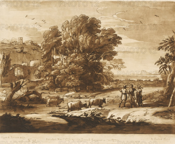 Landscape with Cephalus and Procris reunited by Diana, Liber Veritatis. Or a Collection of Two Hundred Prints, after the original designs of Claude le Lorrain, Prints after drawings by Claude Lorrain, print, Series number, 91, 200, printmaker: Richard Earlom, after drawing by Claude Lorrain, publisher: John Boydell, London, 1775-05-01, paper, mezzotint, etching, mezzotint and etching, printed in brown, height 207 mm x width 255 mm, From 1774 John Boydell published two hundred prints based on the drawing book Liber Veritatis by Claude Lorrain, in the possession of the Dukes of Cavendish. These prints were published in two volumes from 1777 onwards, cattle, Cephalus and Procris, river - HH - ideal landscapes, A sepia-toned landscape drawing showing a wide rural scene with large, leafy trees occupying the central area and extending upward, clouds and birds in the sky, rolling hills and distant ruins on the left, a group of three standing figures on the right edge engaged with each other, ...