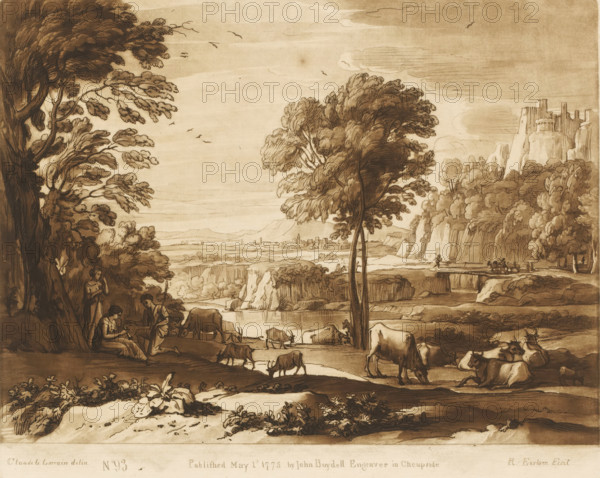 Landscape with flute-playing shepherdess and cattle near a lake, Prints after drawings by Claude Lorrain, Liber Veritatis. Or a Collection of Two Hundred Prints, after the original designs of Claude le Lorrain, print, Series number, 93, 200, printmaker: Richard Earlom, after drawing by Claude Lorrain, publisher: John Boydell, London, 1775-05-01, paper, mezzotint, etching, mezzotint and etching, printed in brown, height 207 mm x width 256 mm, From 1774 John Boydell published two hundred prints based on the drawing book Liber Veritatis by Claude Lorrain, in the possession of the Dukes of Cavendish. These prints were published in two volumes from 1777 onwards., pastorals, Arcadian scenes, cattle, flute, aulos, tibia - CC - out of doors, mountains - HH - ideal landscapes, lake - HH - ideal landscapes, A sepia-toned landscape drawing shows a wide valley with rolling cliffs and a river, framed by large leafy trees on the left and center and a clump of trees and rocky outcrops on the right; g...