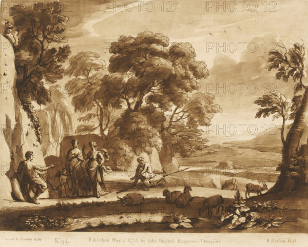 Landscape with the Judgment of Paris, Prints after drawings by Claude Lorrain, Liber Veritatis. Or a Collection of Two Hundred Prints, after the original designs of Claude le Lorrain, print, Series number, 94, 200, printmaker: Richard Earlom, after drawing by Claude Lorrain, publisher: John Boydell, London, 1775-05-01, paper, mezzotint, etching, mezzotint and etching, printed in brown, height 208 mm x width 258 mm, From 1774, John Boydell published two hundred prints after the drawing book Liber Veritatis by Claude Lorrain, in the possession of the Dukes of Cavendish. These prints were published in bundled two volumes starting in 1777., the Judgement of Paris (without Mercury), dale, valley - HH - ideal landscapes, A sepia-toned landscape with large leafy trees and rocky cliffs framing a river or lake that stretches toward distant hills, a waterfall tumbling down a cliff at one side, groups of people gathered on the shore including standing women in draped garments and seated or reclin...