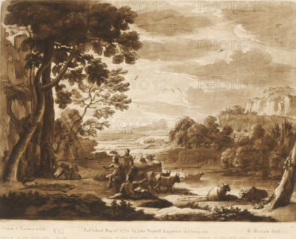 Landscape with the Skinning of Marsyas, Liber Veritatis. Or a Collection of Two Hundred Prints, after the original designs of Claude le Lorrain, Prints after drawings by Claude Lorrain, print, Series number, 95, 200, printmaker: Richard Earlom, after drawing by Claude Lorrain, publisher: John Boydell, London, 1775-05-01, paper, mezzotint, etching, mezzotint and etching, printed in brown, height 207 mm x width 258 mm, From 1774 John Boydell published two hundred prints based on the drawing book Liber Veritatis by Claude Lorrain, in the possession of the Dukes of Cavendish. These prints were published in two volumes from 1777 onwards., cattle, punishment of Marsyas: he is flayed by Apollo, (high) hill - HH - ideal landscapes, A sepia-toned landscape drawing showing a wide sky with layered clouds and small birds, a distant horizon with faint hills and a riverside plain, and a rocky cliff with terraces and a small classical building. In the foreground a grove of large, twisting trees with ...