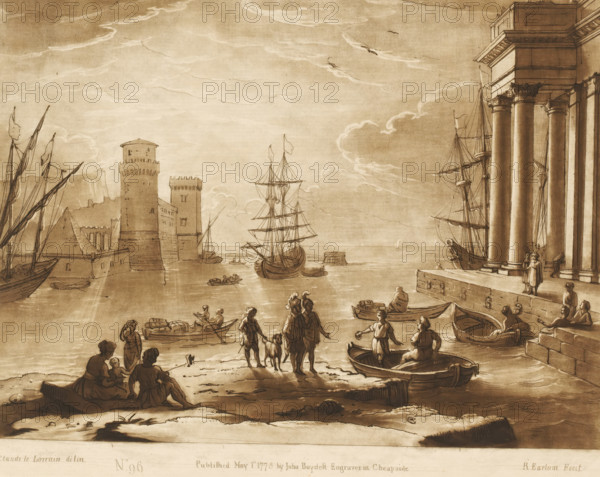 Seaport with the departure of Odysseus from the island of the Phoenicians, Prints after drawings by Claude Lorrain, Liber Veritatis. Or a Collection of Two Hundred Prints, after the original designs of Claude le Lorrain, print, Series number, 96, 200, printmaker: Richard Earlom, after drawing by Claude Lorrain, publisher: John Boydell, London, 1775-05-01, paper, mezzotint, etching, mezzotint and etching, printed in brown, height 208 mm x width 258 mm, From 1774, John Boydell published two hundred prints after the drawing book Liber Veritatis by Claude Lorrain, in the possession of the Dukes of Cavendish. These prints were published in two volumes from 1777 onwards., harbour, landscape with tower or castle, (story of) Ulysses, ships (in general) (getting in, mounting, embarkation), landscapes with waters, waterscapes, seascapes (in the temperate zone) - HH - ideal landscapes, A sepia-toned harbor scene showing a shoreline with groups of people standing and sitting near small rowboats, a...